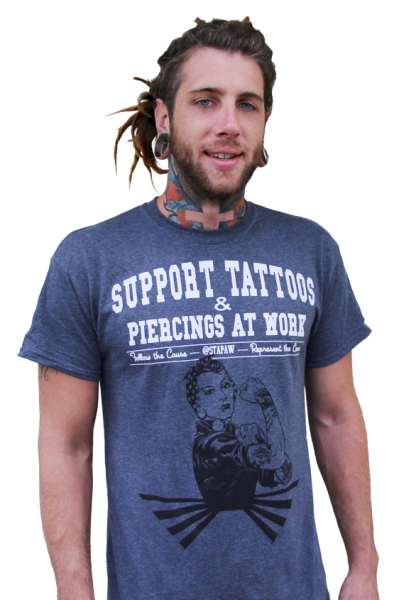 Support Tattoos and Piercings at Work Guy in T-shirt