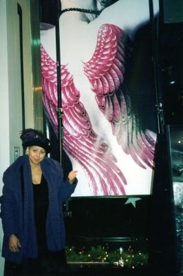 Me (quite shocked) with my very large photo in the window of HMV record store in NYC 