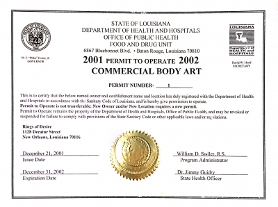 Rings of Desire was issued the first Body Art Permit in the state of Louisiana