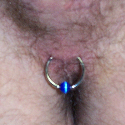 Close up of a guiche piercing with colorful 12 gauge niobium captive ring and blue tiger eye bead
