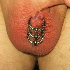 Triple midline scrotum piercings with captive bead rings